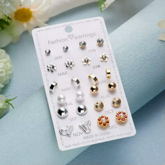 EOEMY 12 Pair Women Crystal Pearl Flower Heart Butterfly Ear Stud Earrings Set Jewelry-#2