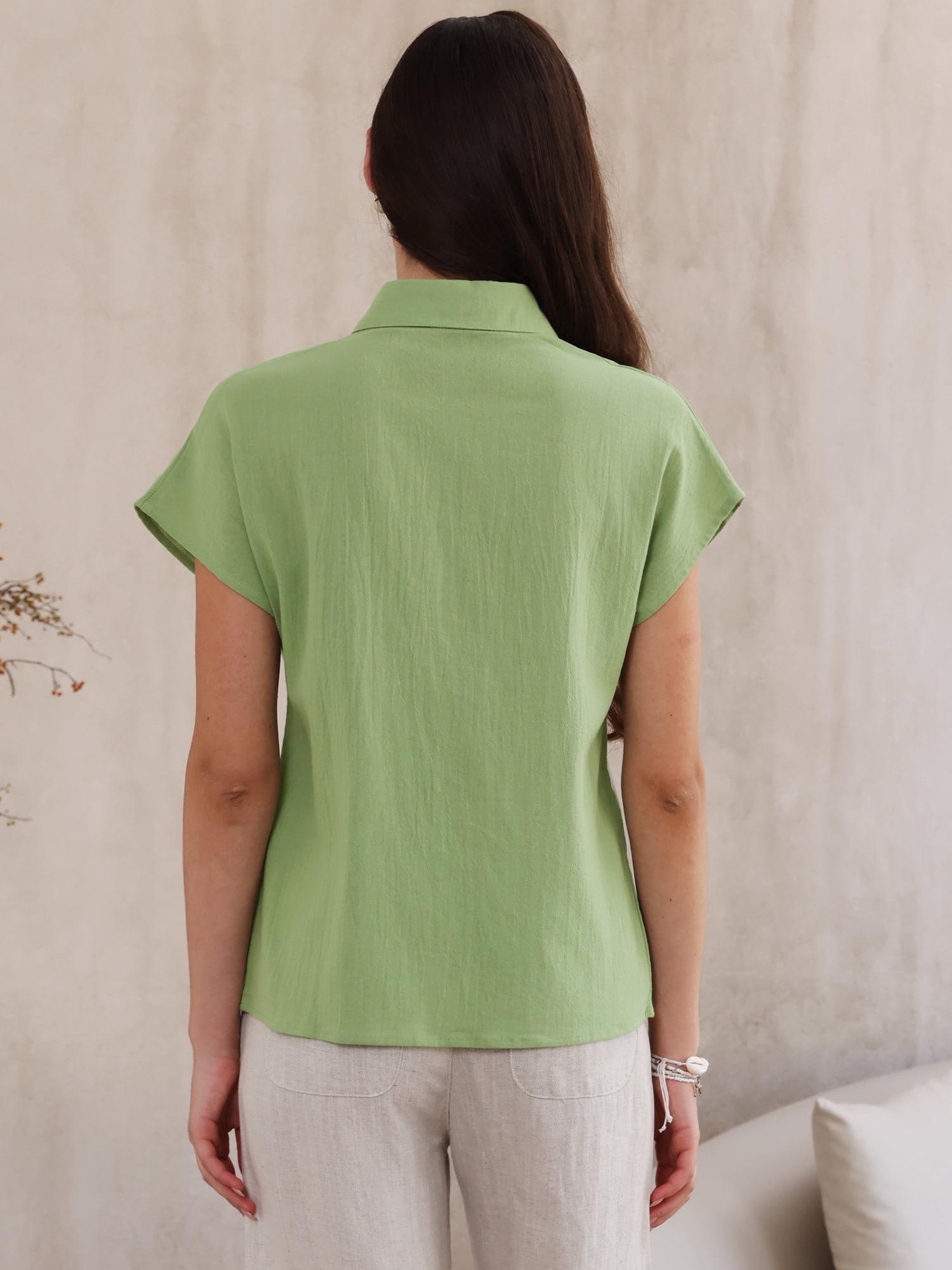 DARING DIVA Women's Linen Button Down Short Sleeve V Neck Tops L Green