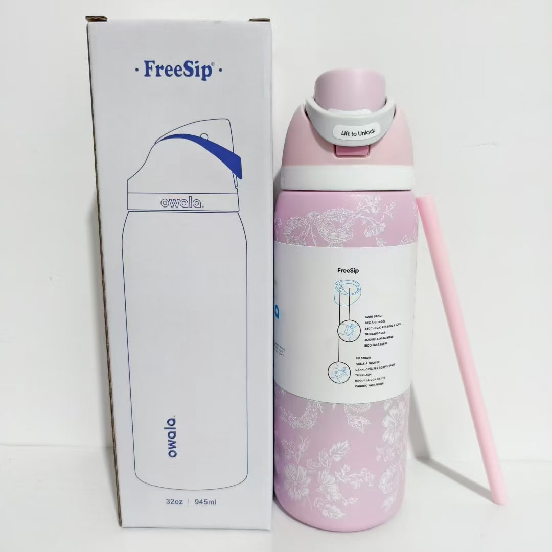 Owala FreeSip Stainless Steel Water Bottle, 32oz,Pink and white