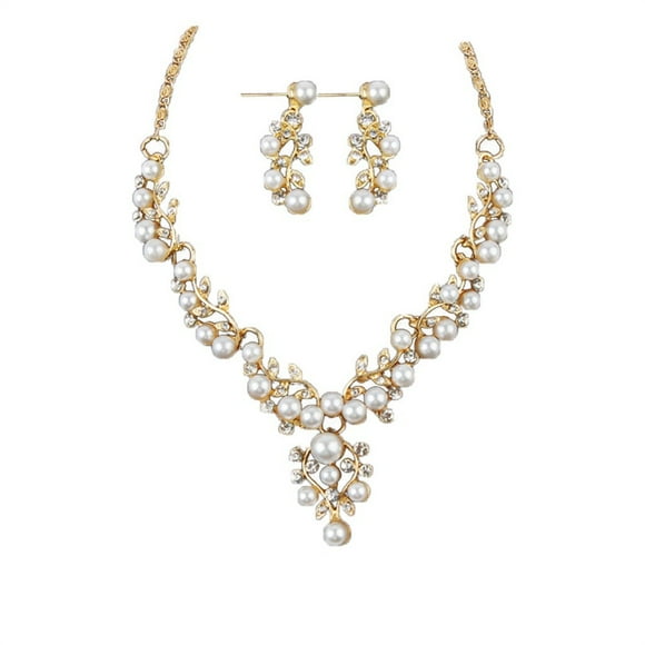 Pearl Necklace Lady Wedding Pearl Rhinestone Short Necklace Earrings Jewelry Set