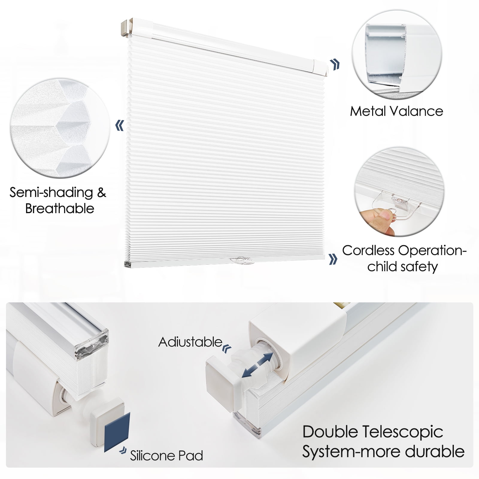 Keego No Drilling Cordless Cellular Shades Honeycomb Window Blinds Easy Installation Heat Insulating Noise Reducing Curtains Semi-Blackout White, 28.5"w x 60"h