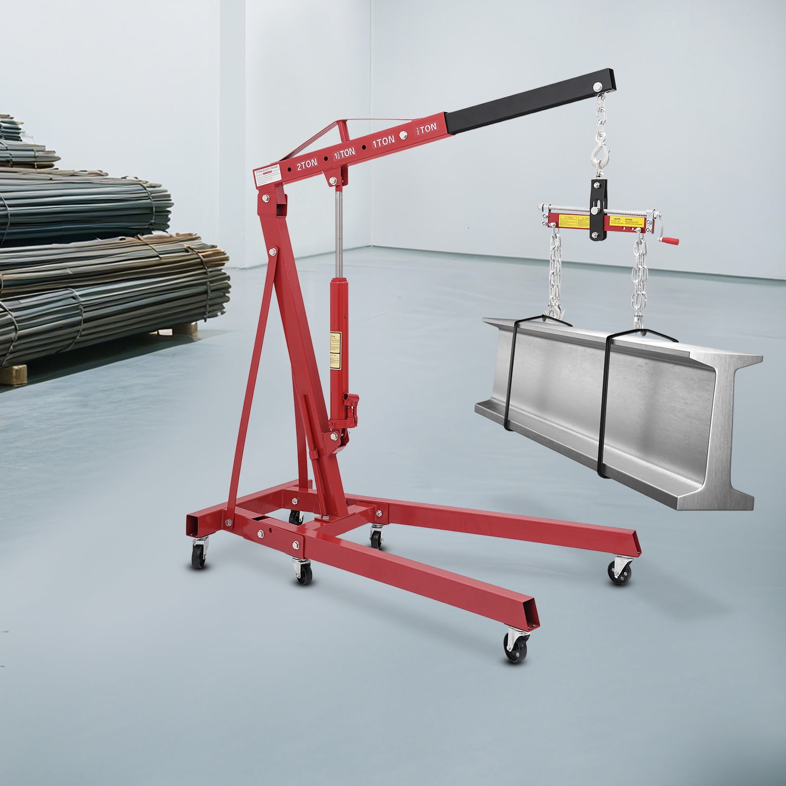 YIYIBYUS 2T Folding Hydraulic Crane Hydraulic Crane with Engine Leveler & Wheels Heavy-Duty Cherry Picker Shop Crane Oldable Engine Crane Red