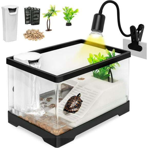 Turtle Tank Kit,PC Small Red Eared Slider Aquarium,Aquatic Baby Tortoise Habitat for Fishes and Amphibians,Include Filter*1,Filter Plates*2,Plants*2,Lamp*1,Bulb*1,Stone*1,Basking Platform*1