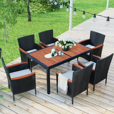 SEGMART Wicker Patio Dining Set, 7PCS Outdoor Rattan Table & Chairs Set with Acacia Wood Top & Cushions, Deck Furniture Dining Table Set, Garden Porch Backyard Sectional Conversation Set