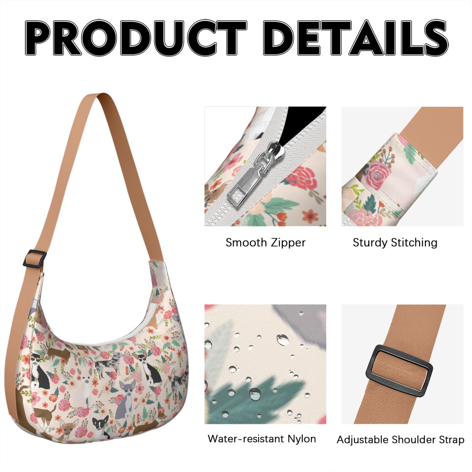 Casual Purse for Women – Adjustable Strap, Smooth Zipper & Reinforced Stitching, Cute puppy pattern, Bone, Artistic dog print, Vintage Style Lightweight Bag