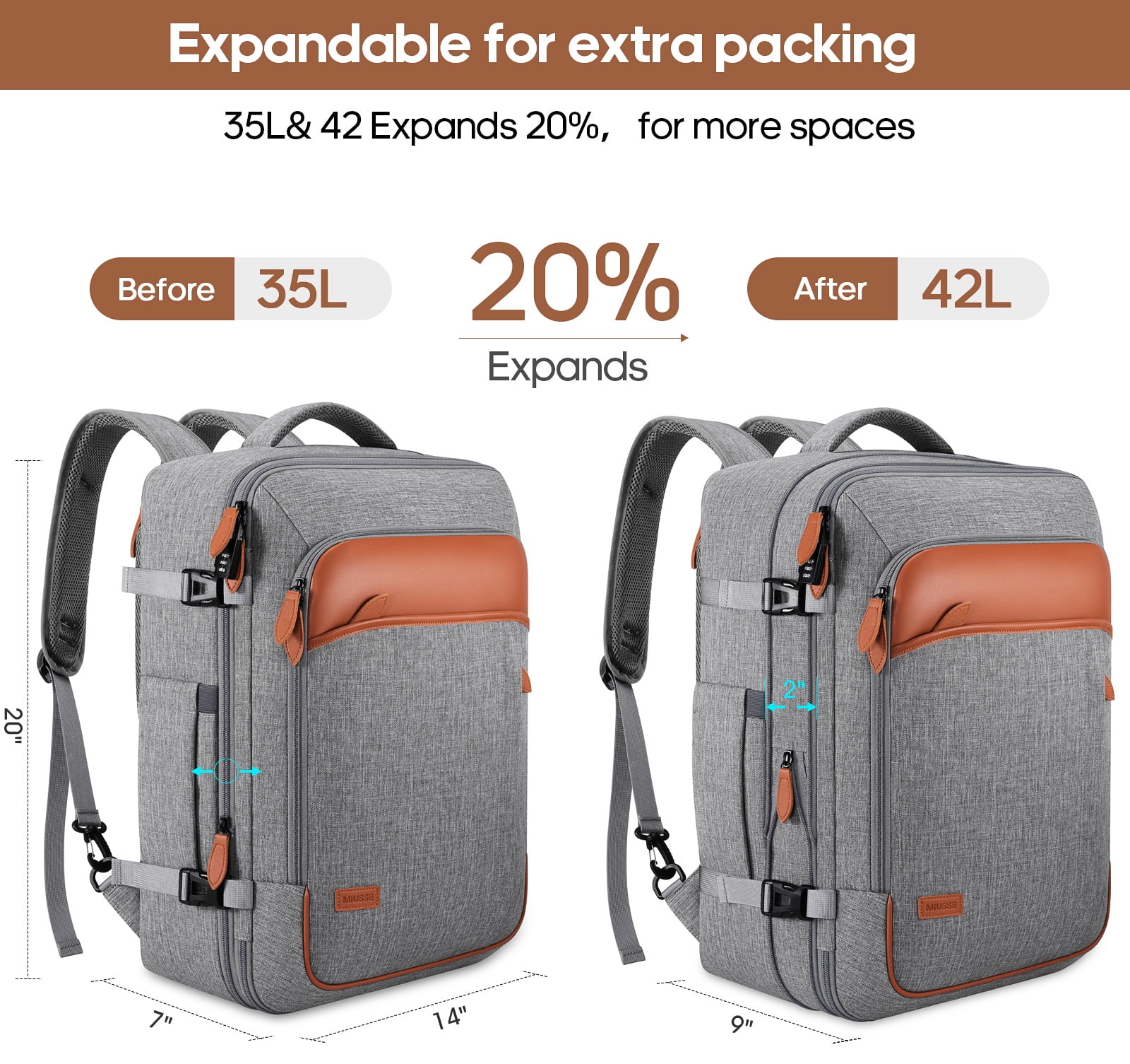 UKEIN Travel Backpack for Men & Women Carry On Backpack Flight Approved Expandable 42L Waterproof Anti-Theft Personal Item Backpack with Packing Cubes and Shoe Pocket