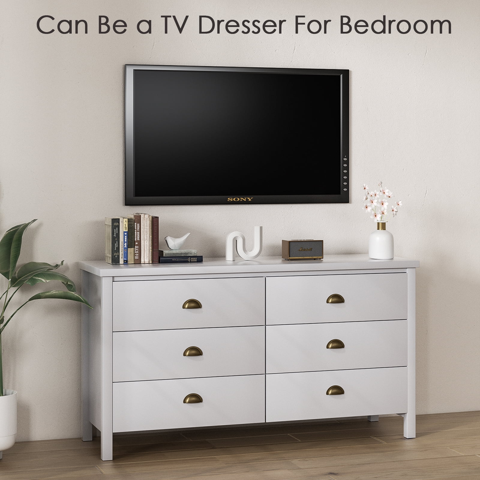 Nathaniel Home 6 Drawer Double Dresser with Legs, Modern Chest of Drawers, Large Capacity Storage Cabinet for Bedroom, Rustic Dresser for Hallway White