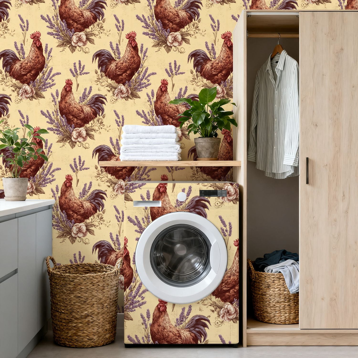 Peel and Stick Wallpaper 17.7in x 9.8ft Rustic Farmhouse Rooster Floral Seamless Warm Vintage Tones Contact Paper Vinyl Waterproof Self Adhesive Wall Paper for Bedroom Shelf Cabinet Renter Friendly