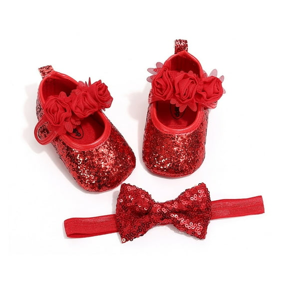 Coduop Toddler Baby Girls Sequins Bling PU Shoes Headband Lace Bow Tie Slippers 0-18 Months