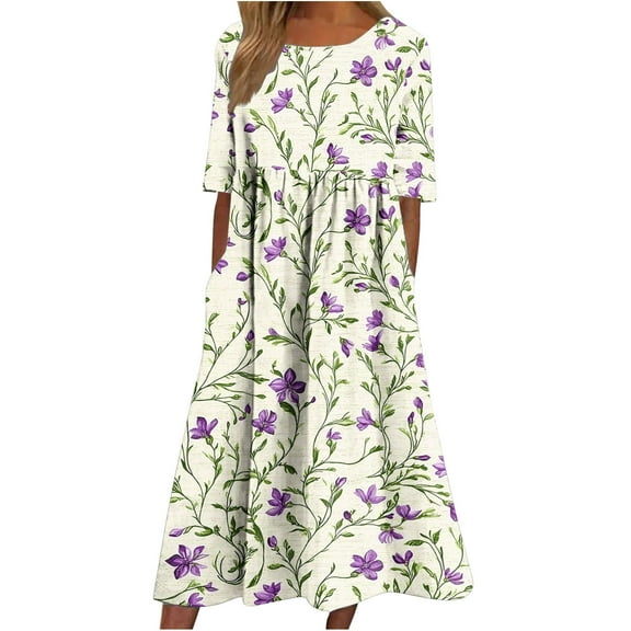 Edvintorg Midi Dresses for Women Vintage Printed Round Neck Short Sleeve Casual Floral Dress Plus Size Summer Dresses with Pocket Beach Vacation Clothes for Women