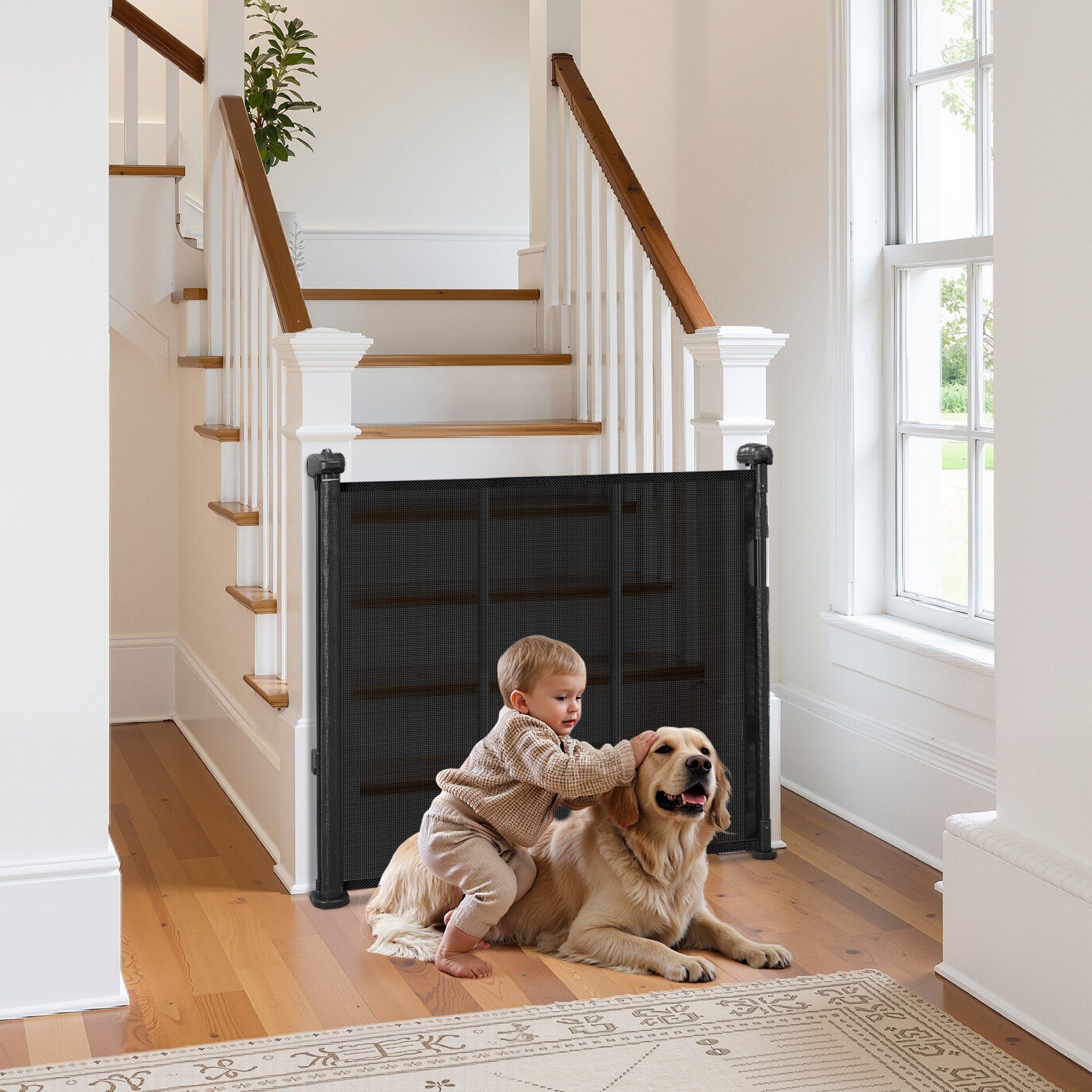 Retractable Baby Gate 34 in Tall, Extends to 55 in Wide, Adjustable Black Mesh Gate for Kids and Pets, Anti-Crawl Bottom Strip, One-Handed Operation, Durable Scratch-Resistant Mesh, Space-Saving