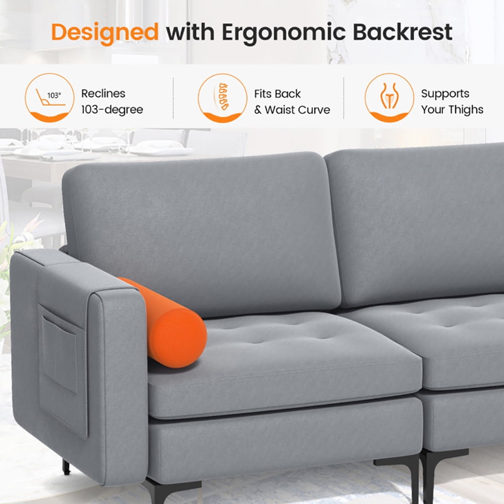 Finihen 3-Seat Sofa Couch, Modular 3-Seat Sofa Couch with Socket USB Ports and Side Storage Pocket, for Living Room, Bedroom, Gray Finihen 3-Seat Sofa Couch, Modular 3-Seat Sofa Couch with Socket USB Ports and Side Storage Pocket, for Living Room, Bedroom, Gray