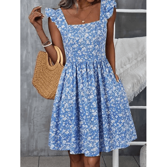 Women's Summer Dresses Casual Square Neck Floral Sundress with Pockets A Line Flowy Beach Dress