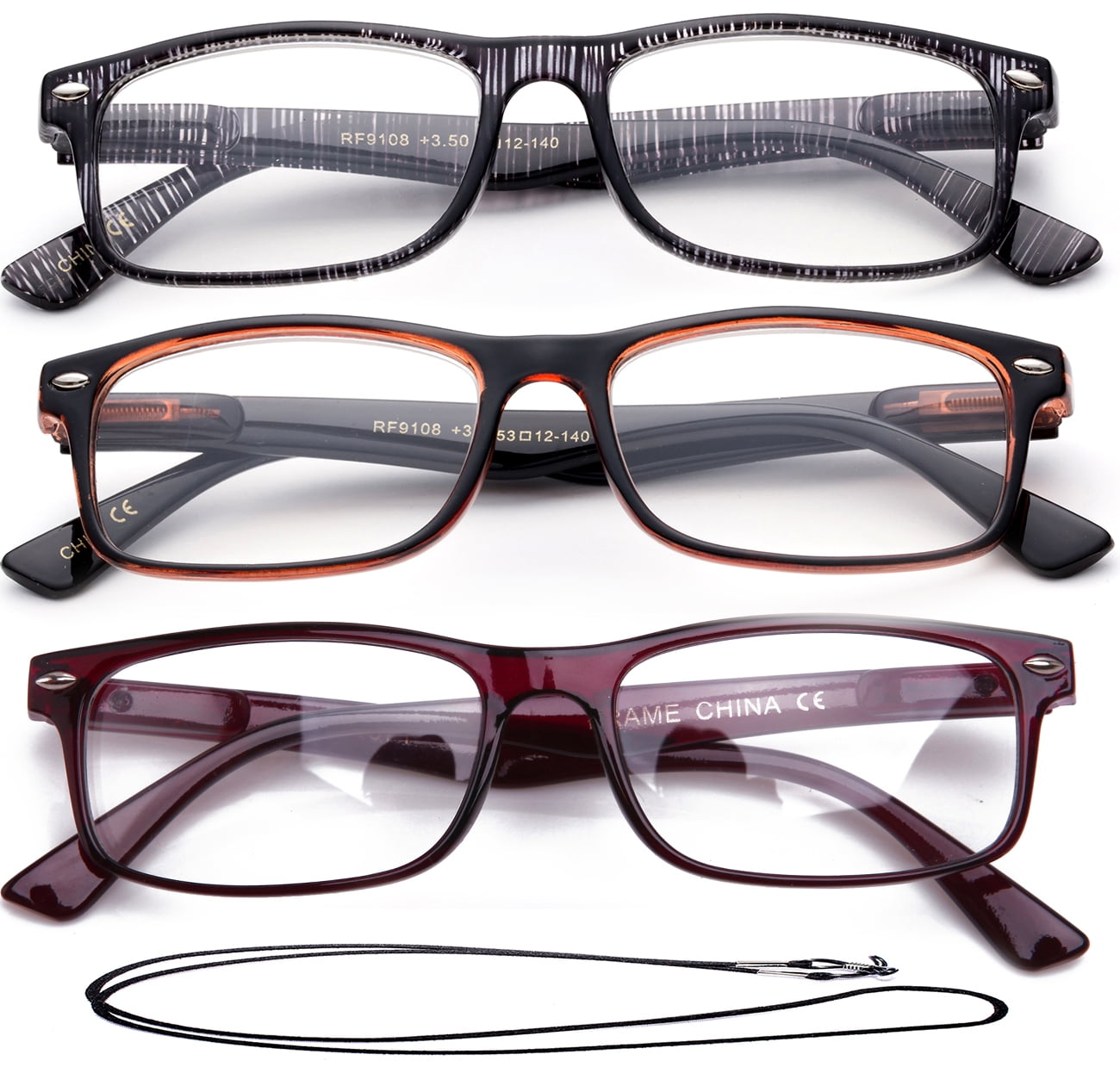 Newbee Compact Spring Hinge +2.00 Reading Glasses with Lanyard, 3 Pack