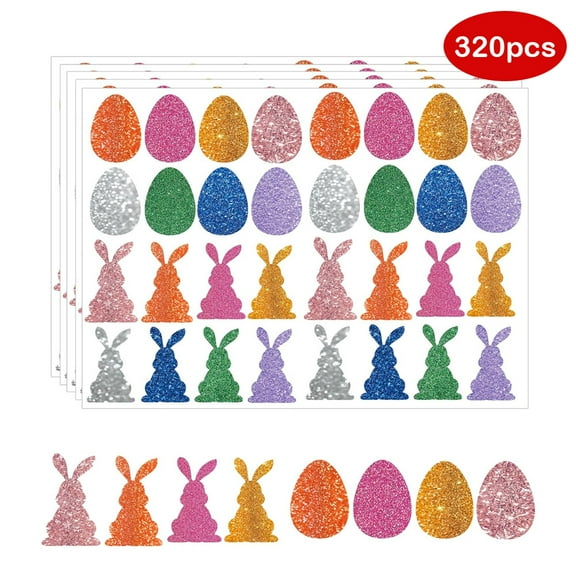 Bunny Easter Stickers 320 Pcs Happy Easter Stickers Decals - Eggs Sticker Colorful Rabbit Easters Shape Seal Stickers 1.5 Inch