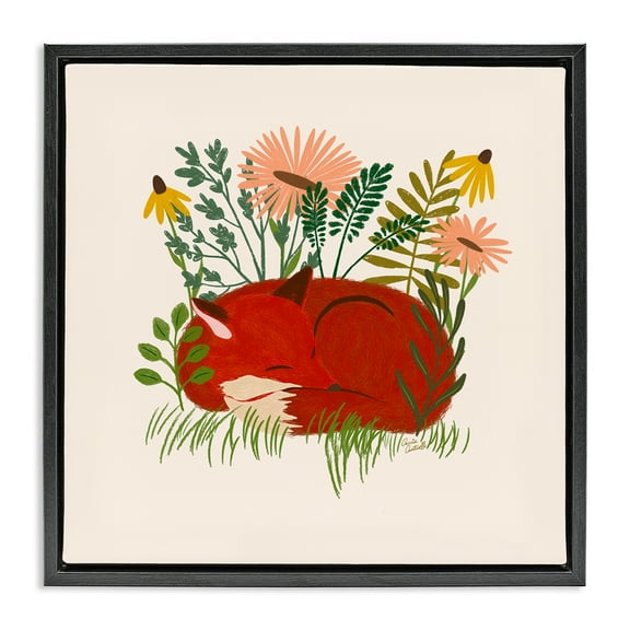 Stupell Industries Sleeping Fox Among Daisies Animals Painting Black Floater Framed Canvas Art Print Wall Art, 18 x 18