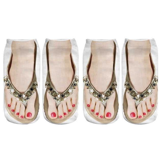 Up To $10 Socks Gold Two Pairs 3D Pattern Manicure Print Socks Flip Flop Funny Hidden Running Socks Women Personalized