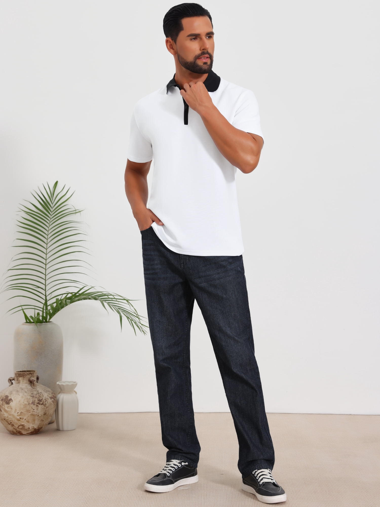 DARING DIVA Men's Zipper Closure Colorblock Short Sleeve Basic Polo Shirt S White