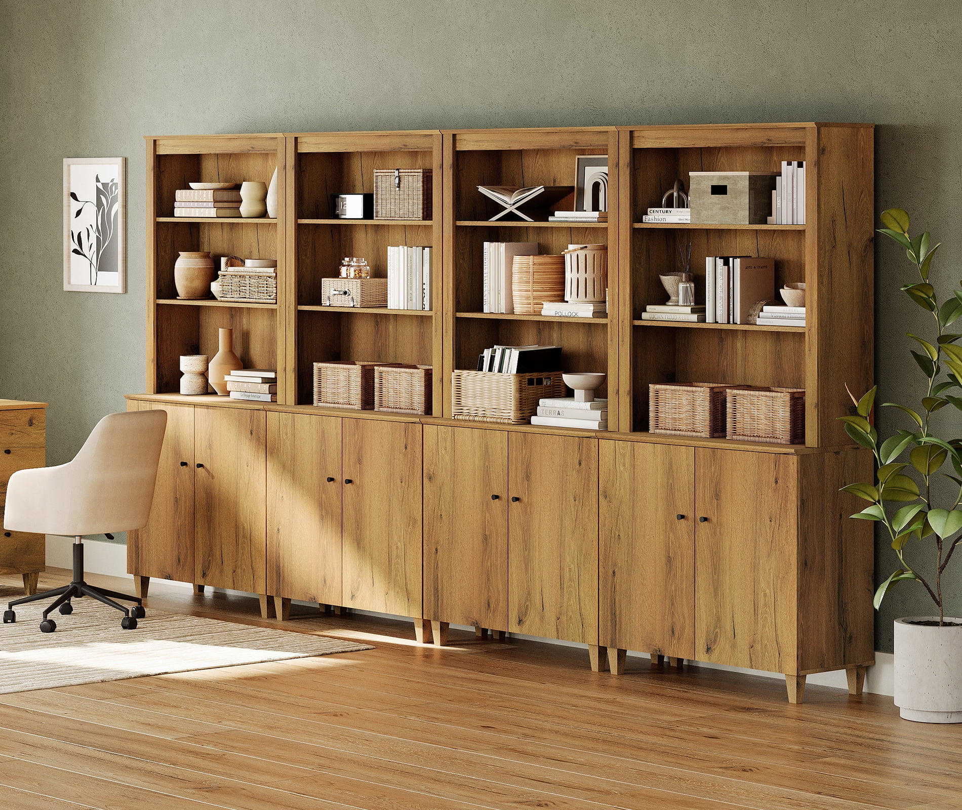 WAMPAT Modern 71" Tall Bookcase with Cabinets, 4 Columns 5-Tier，Oak Brown