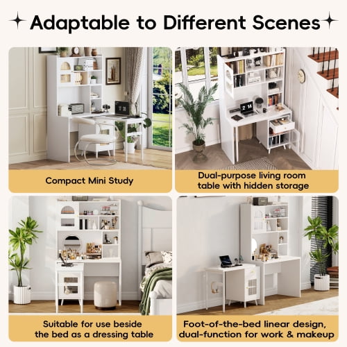 Bellemave L Shaped Desk with 90° Rotating Desktop, Home Office Computer Desk with Storage Cabinets and Shelves, Farmhouse Corner Writing Desk for Study or Small Space, White