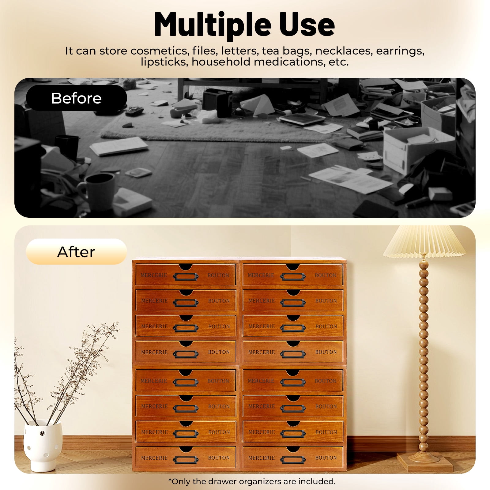 Peakora 4PCS 16-Drawer Wooden Desk Organizer Pine Wood Storage Drawers Vintage Shelf Drawer Desktop Organizer with Drawers Retro Style Storage Box Desktop Storage for Office Study Bedroom Dresser