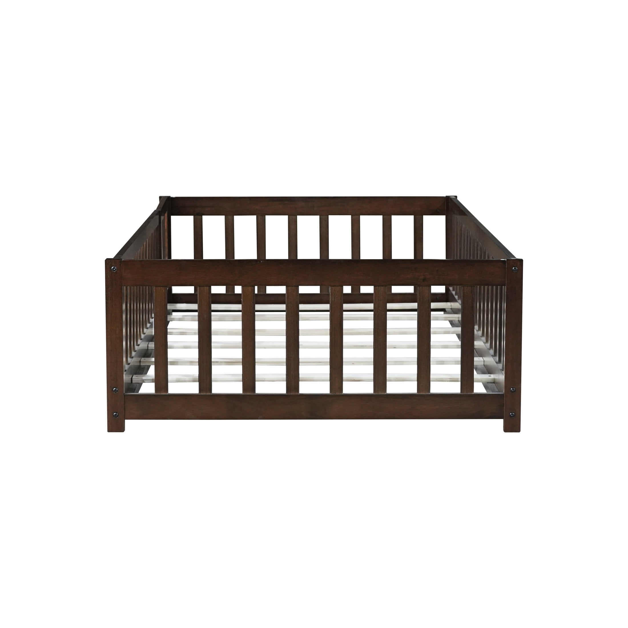 Noble House Mira Twin Floor Bed with Fence and Door, Sturdy Rubber Wood Montessori Bed Frame, Kid's Room, Espresso