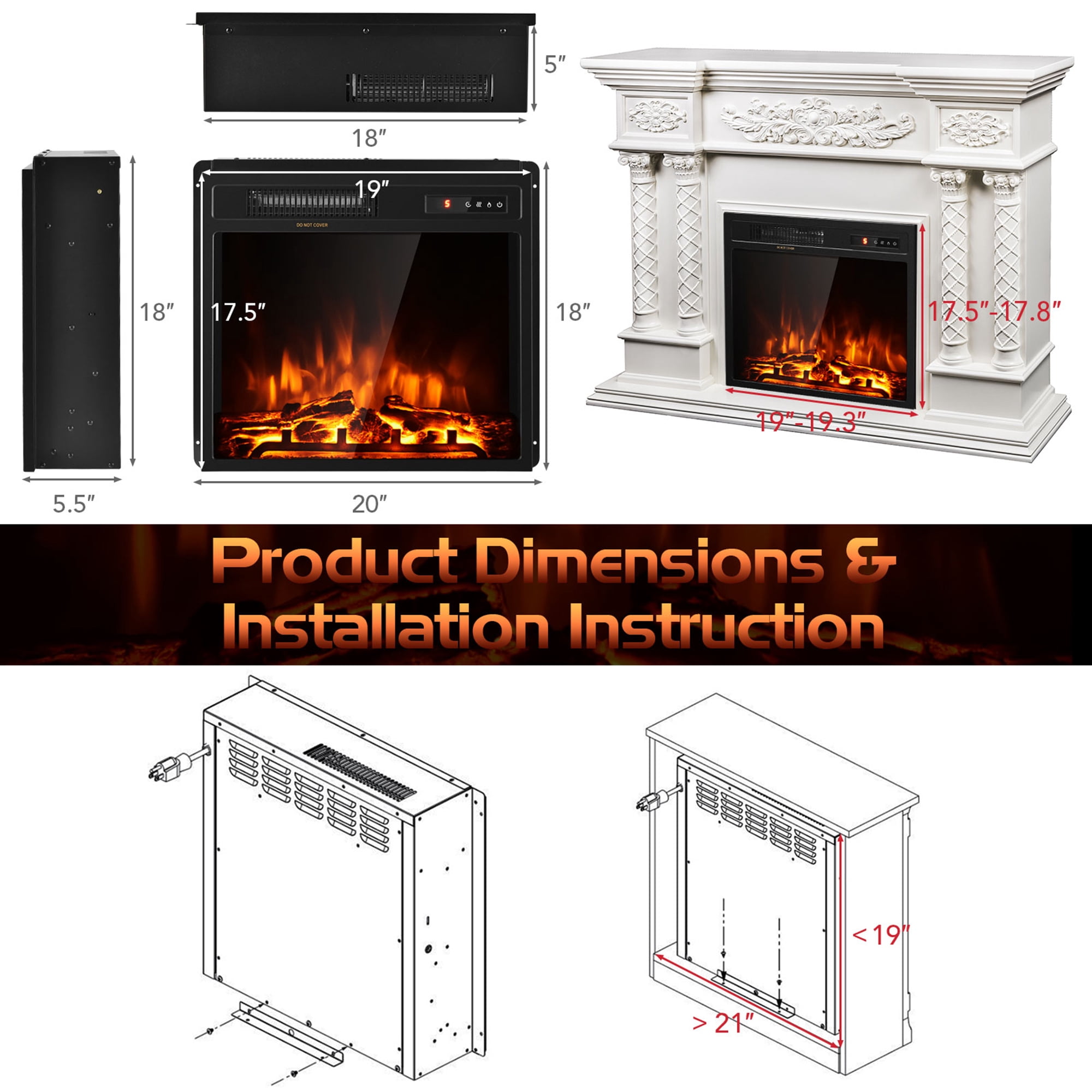 Gymax 18 inch Insert Freestanding Electric Fireplace and Recessed 1500W Stove Heater