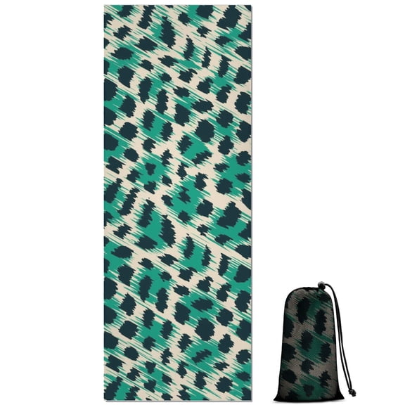 Leopard Pattern with Green and Black Spots Hot Yoga Mat Towel Non Slip for Hot Yoga - Quick-Drying Yoga Mat Cover with 4 Corner Pockets with Travel Bag - Hot Yoga Towel Non Slip 70"x26"