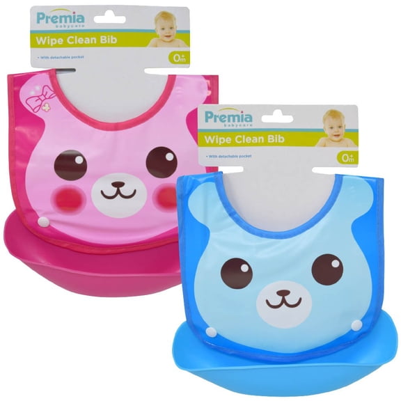 4 Piece Premia Baby Bib W/ Fabric Back & Detachable Plastic Catcher Tray, 2 Asstd.