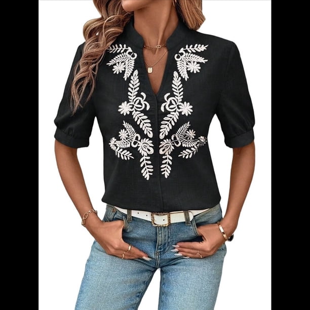 Camisas de Bordadas para Mujer, Blusa Informal de Corta con Cuello en V Negro L