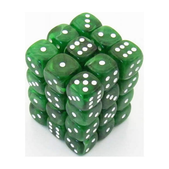 Green Marbleized Dice with White Pips D6 12mm (1/2in) Pack of 36 Koplow Games