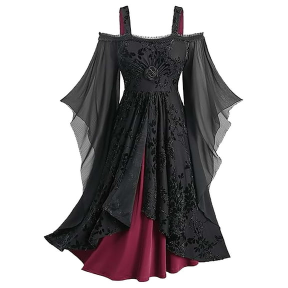Levmjia Women Halloween Dresses Halter Off The Shoulder Gothic Costume Party Dress Comfortable Elegant Mesh Midi Dress Flare A-Line Elegant Lace Up Holiday