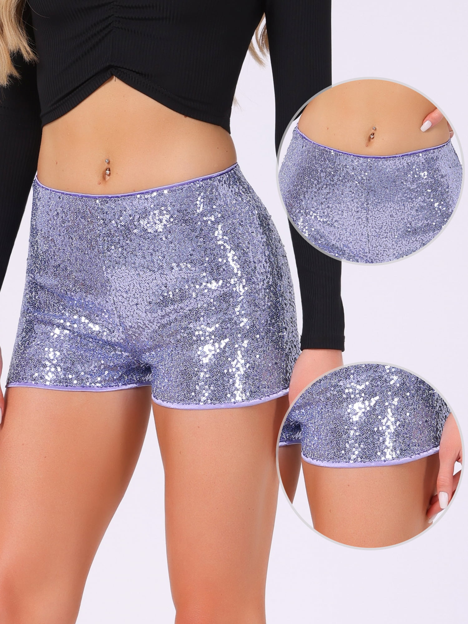 DARING DIVA Women's Midrise Solid Sparkle Coctail Sequin Shorts L Light Purple
