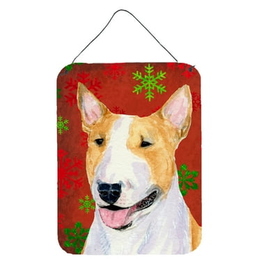 Bull Terrier Red and Green Snowflakes Holiday Christmas Wall or Door Hanging Prints