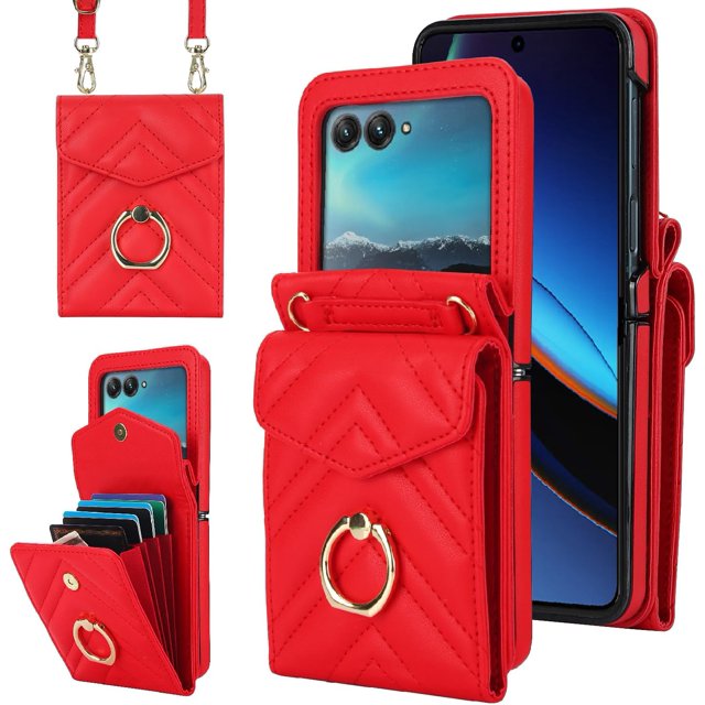 MYKOMI Phone Case for Motorola Razr 40 Ultra/Moto Razr Plus 2023 Wallet Cover with RFID Blocking Ring Crossbody Wrist Strap Stand Credit Card Holder Purse Cell Razr+ + 5G XT2321-3 Women Girls Red