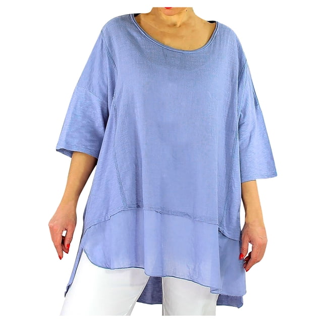 Timegard Hauts Grande Taille pour Femmes Coton Lin Col Rond Manches 3/4 Ample Léger Décontracté