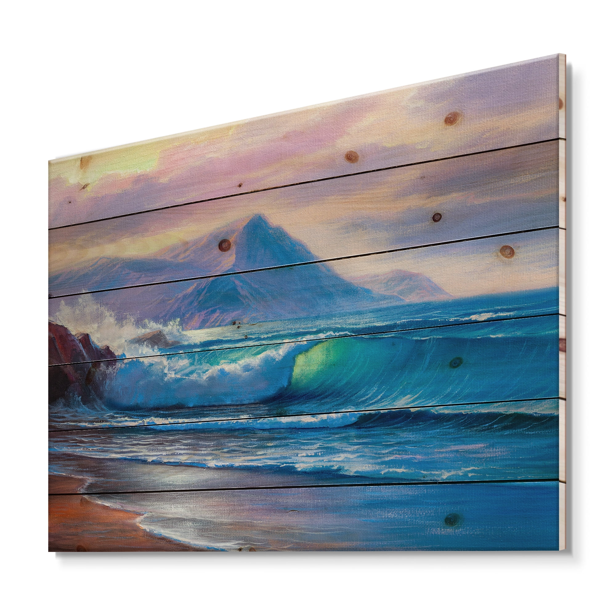 Designart 'Blue Waves Breaking At The Beach Landscape I' Nautical & Coastal Print on Natural Pine Wood