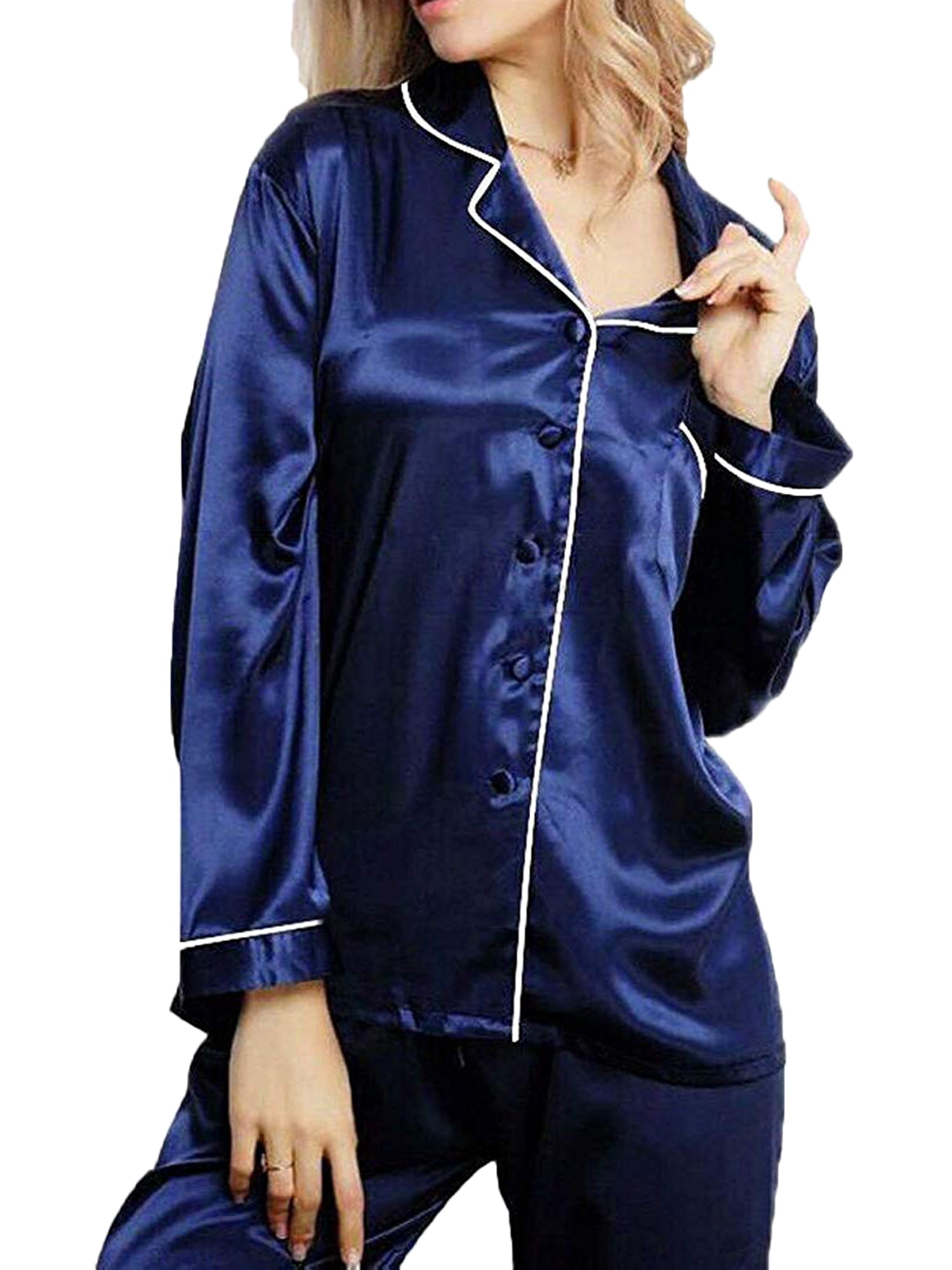 Ladies Plain Satin Silky Soft PJs Pyjamas Full Length Long Sleeve Sizes 8 to 34! 
