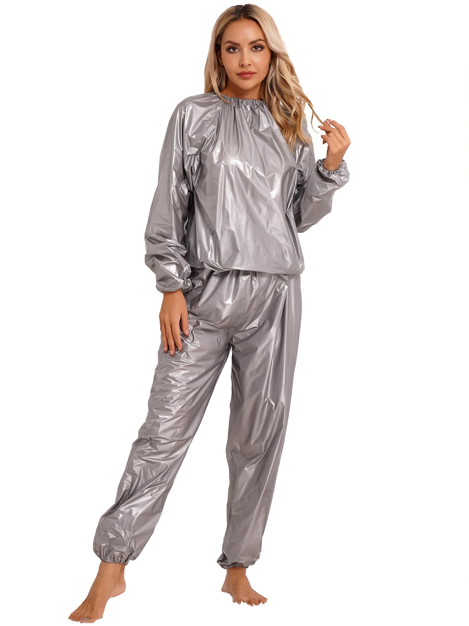 iEFiEL Womens Sauna Suit Long Sleeve PVC Tops with Pants Set Sweat Suit ...