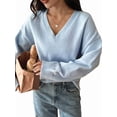 thumbnail image 2 of Suéter Informal Cómodo de Color Liso con Cuello en V, Larga y Punto Acanalado Suave para Mujer. Azul XL, 2 of 7