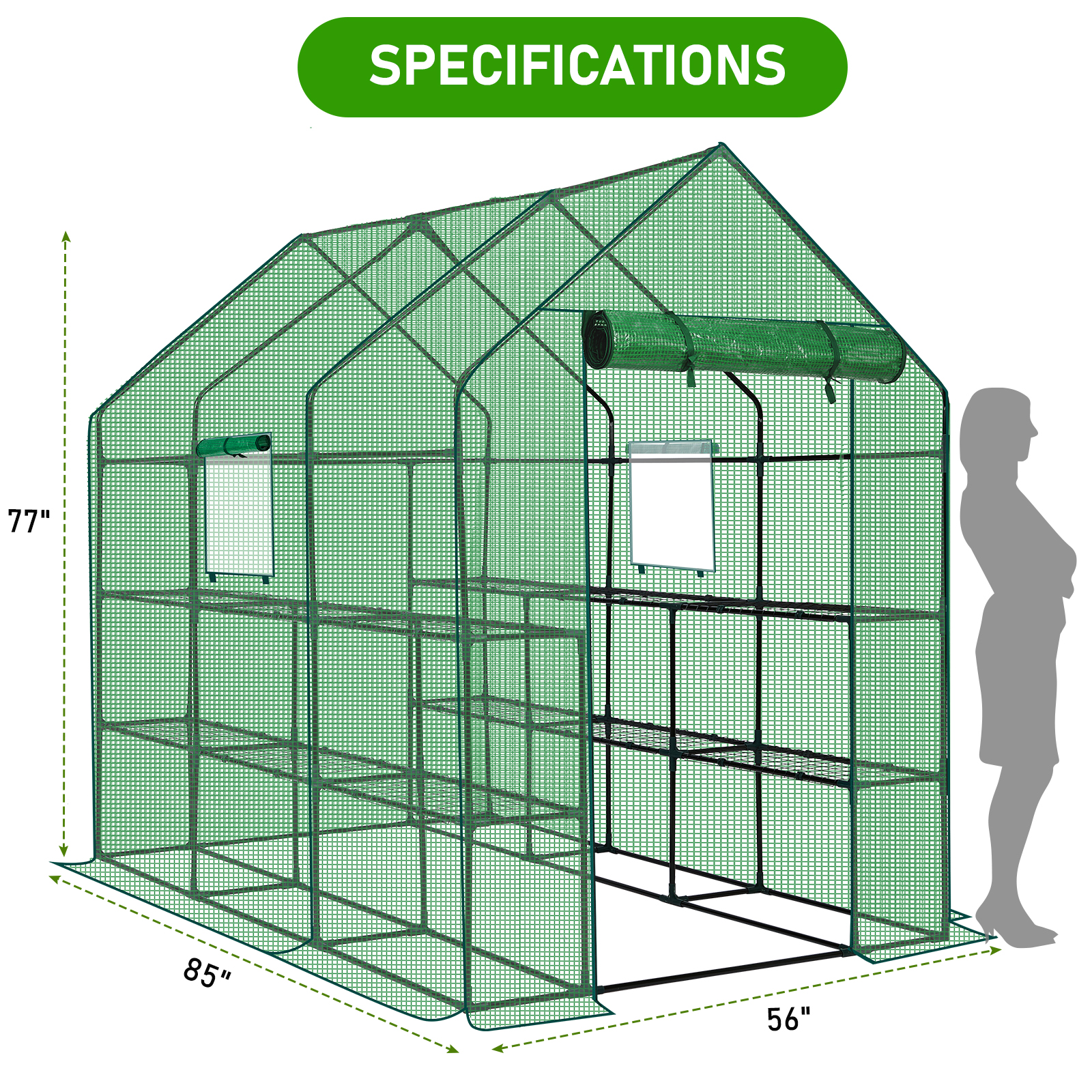 Walk-in Greenhouse 56×85×77 in, 12-Shelf Plant Green House with Roll-Up Zipper Door & Side Windows, Powder-Coated Steel Frame, Weather-Resistant PE Cover for Backyard Patio Garden