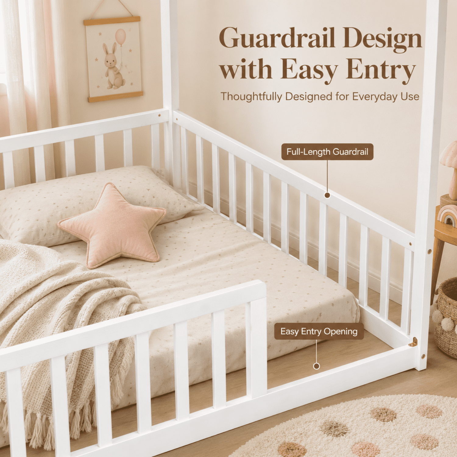 Miniyam Full Size Kids House Floor Bed with Fence, Wood Montessori Bed Frame, White