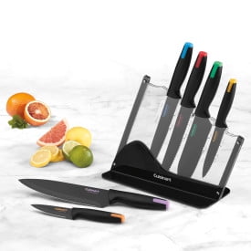 

7pc Ceramic Coated Cutlery Set with Color End Caps & Acrylic Stand