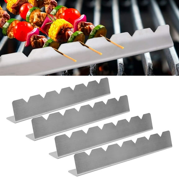 Ludlz 4Pcs/Set Skewer Holder Anti-slip Groove Stainless Steel Heavy Duty Long BBQ Tools Food Grade Barbecue Grilling Shish Kabob Rack Outdoor Supplies