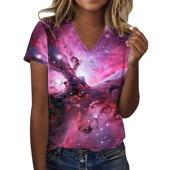 Short Sleeve Shirts for Women Womens Summer Tops Ladies 3D Glitter Printed Star Short Sleeved T Shirt V-Neck T Shirts For Women Basic T Shirts for Women