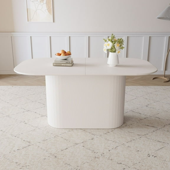 Dining Table Sets 63 " MDF New Cream Style Dining Table and Regular Edge Table, 4-8 Person Dining Table, Vertical Striped Table Legs, Thick Elegant Combination Table Top, Suitable for Home and Kitch