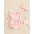thumbnail image 3 of Newborn Baby Girl Summer Outfit Short Ruffle Sleeve Plaid Bubble Romper Cute One Piece Bodysuit with Headband Set, 3 of 7