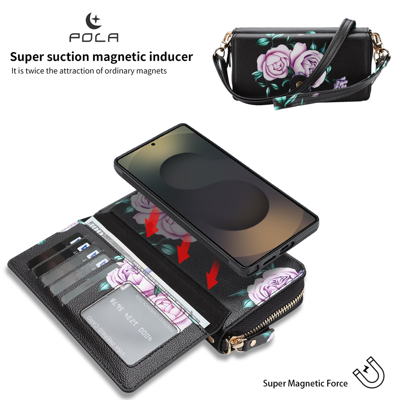 TECH CIRCLE 2-in-1 Wallet Case for Galaxy S23 (6.1", 2023), Detachable Magnetic Back Cover, PU Leather Flip Flower Phone Case with 15 Card Slots, Zipper Pocket, Wrist/Shoulder Strap, Black