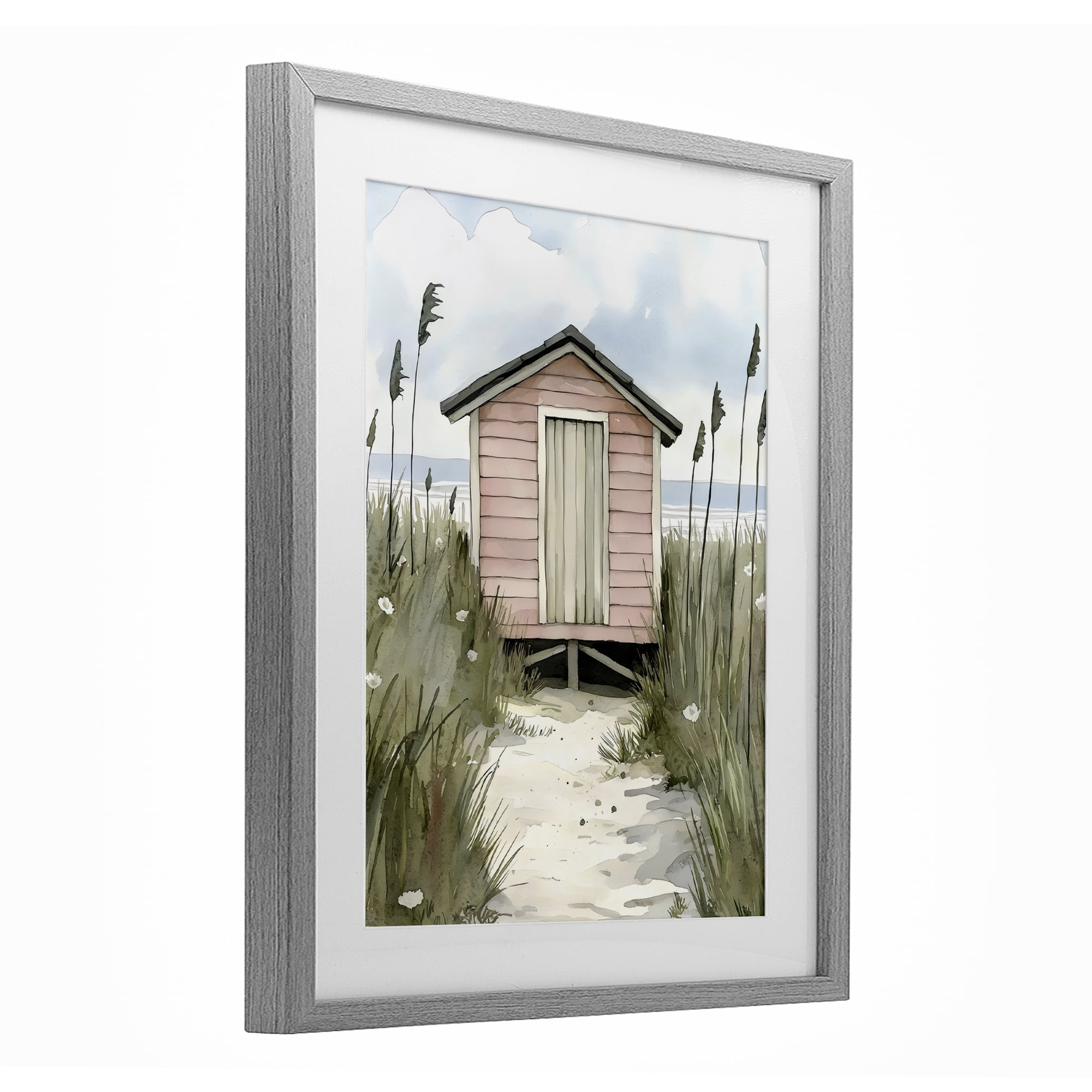 Stupell Industries Coastal Calm Pink Beach Hut Gray Framed Print Under Glass, design by Riley B