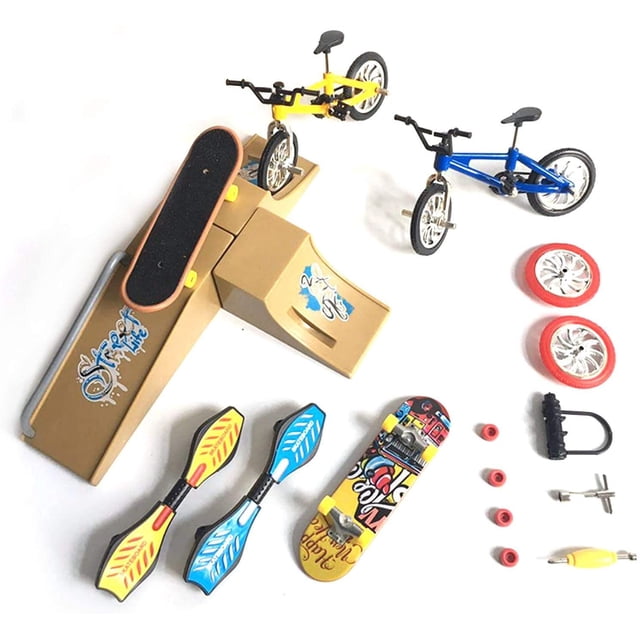 Mini Kit de Jouet de Bicyclette pour Doigts avec Scène, Mini Jouet de Vélo Trottinette Planche à Roulettes à Mouvement du Bout des Doigts, Cadeaux de Fête, Roues de Rechange et Outils pour Enfants